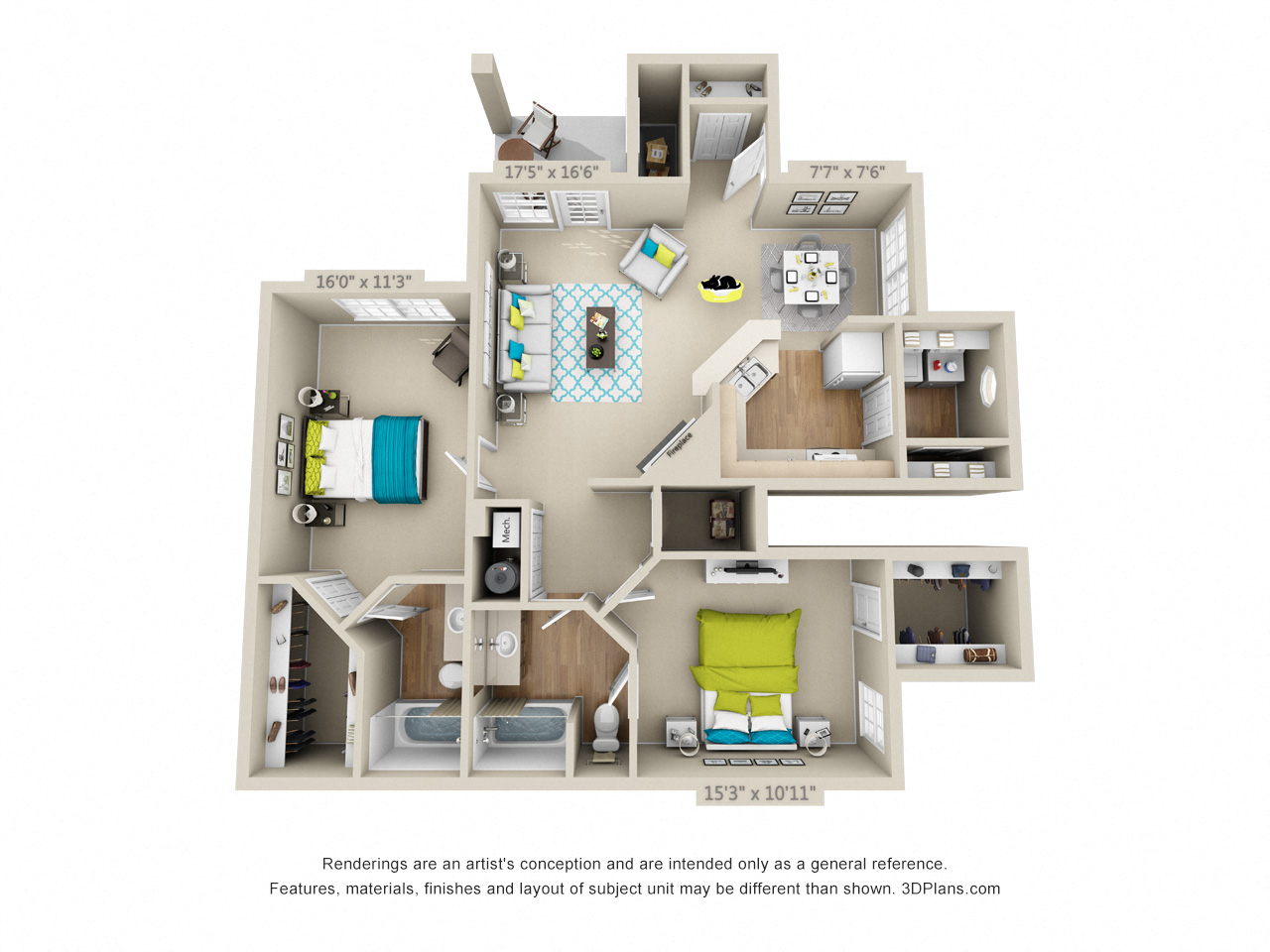 Floor plan for 2 beds, 2 baths, 1309 sqft